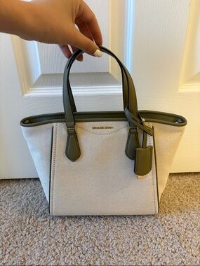 Michael Kors Taryn Cream Canvas Tote with Olive Green Trim